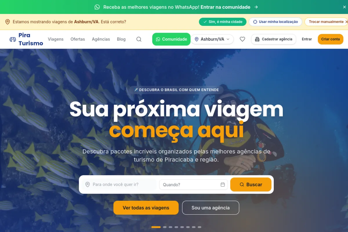 Página inicial da plataforma Pira Turismo